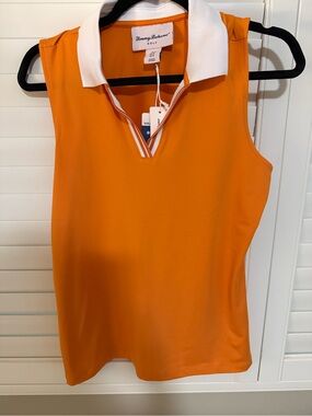 Tommy Bahama Sleeveless Polo Tank in Bright Orange with White Collar - golf